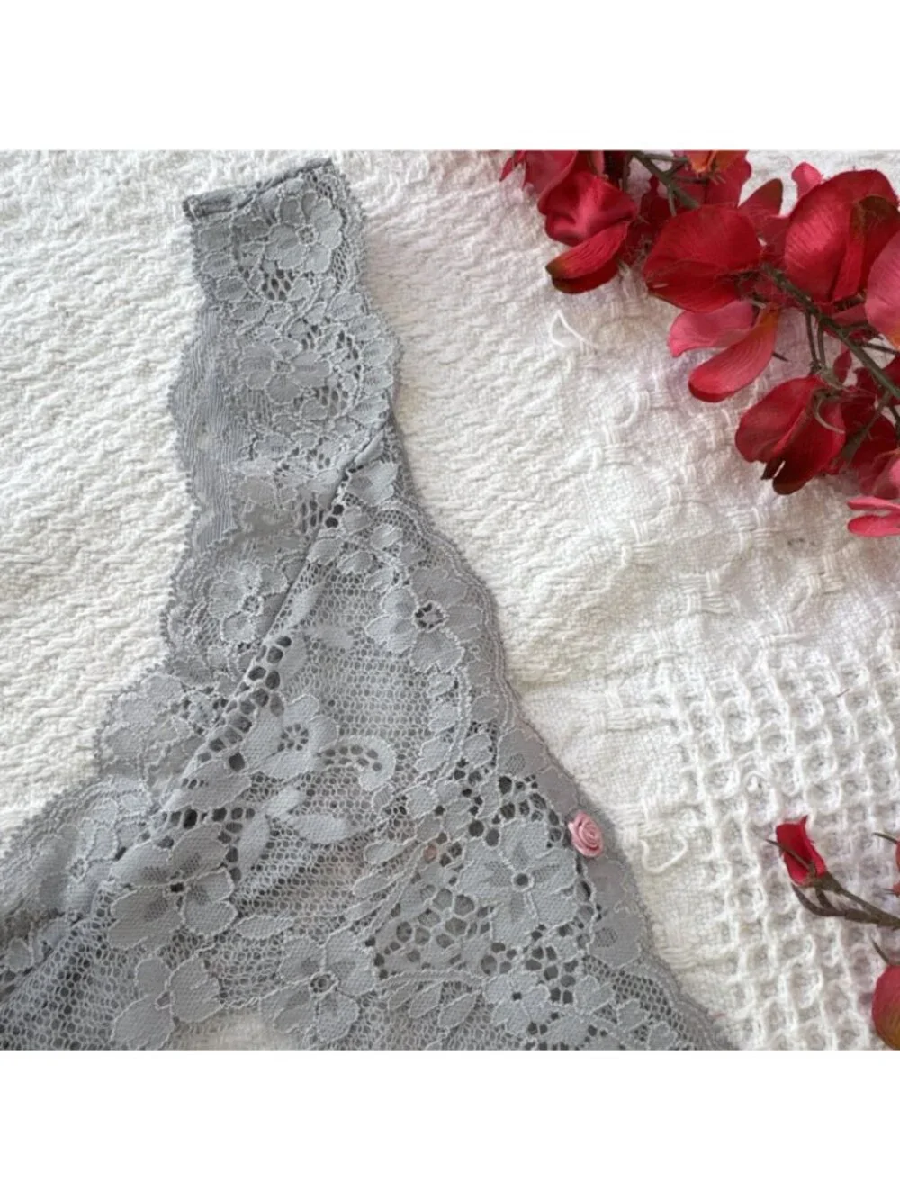VICTORIA'S SECRET L DREAM ANGELS BLUE GRAY LACE WIDE STRING THONG PANTIES NWT